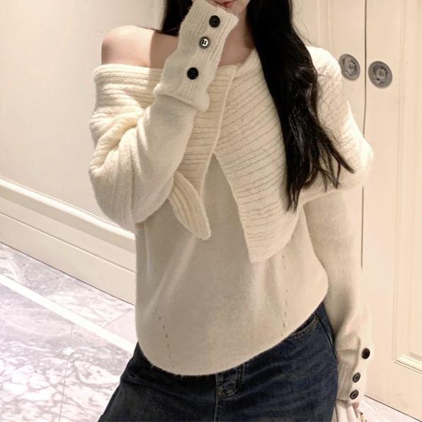 Off-Shoulder Plain Buttoned Cuff Sweater Product Image
