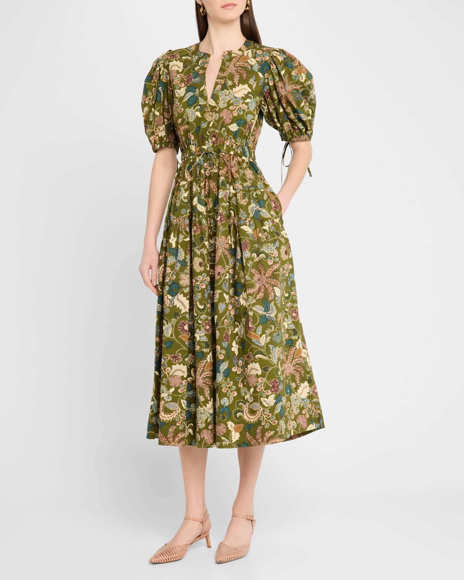 Adriana Puff-Sleeve V-Neck Midi Dress Product Image