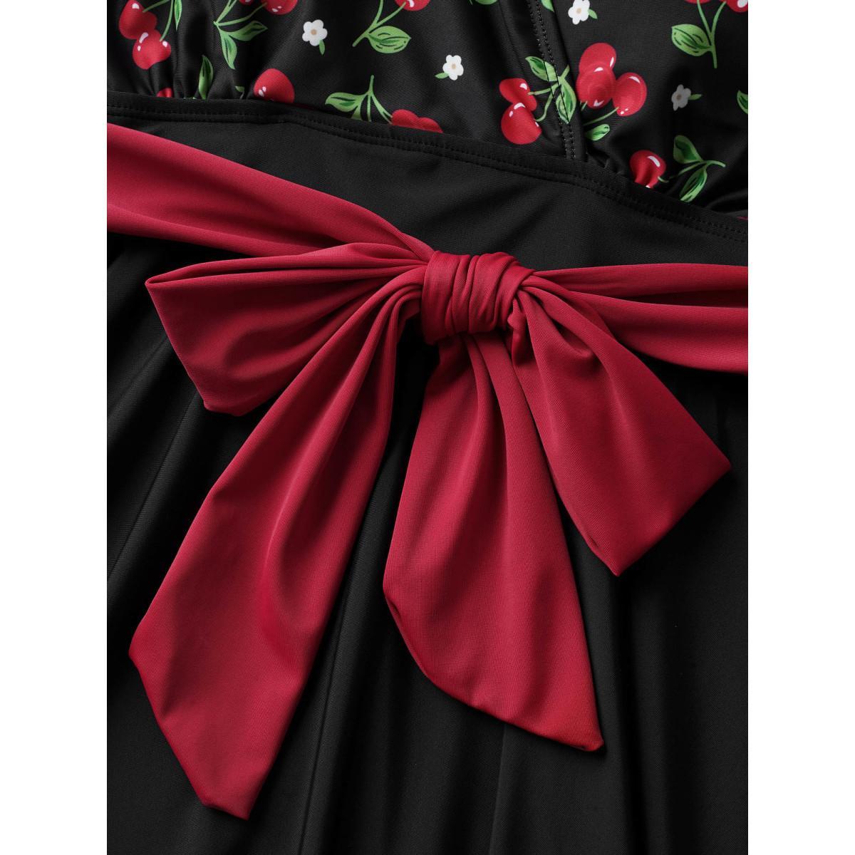 Plus Size Cherry Print Wrap Tie Knot Swim Dress Women's Swimwear Black Beach Bodycon Overlap Collar High stretch Curve Swim Dresses BloomChic 28/5X Product Image