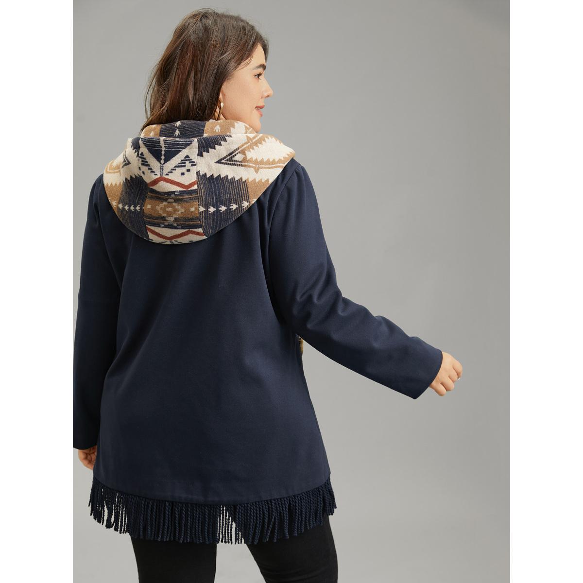 Plus Size Geometric Contrast Hooded Tassel Trim Coat Women Midnight Elegant Lined Ladies Dailywear Winter Coats BloomChic 30/6X Product Image
