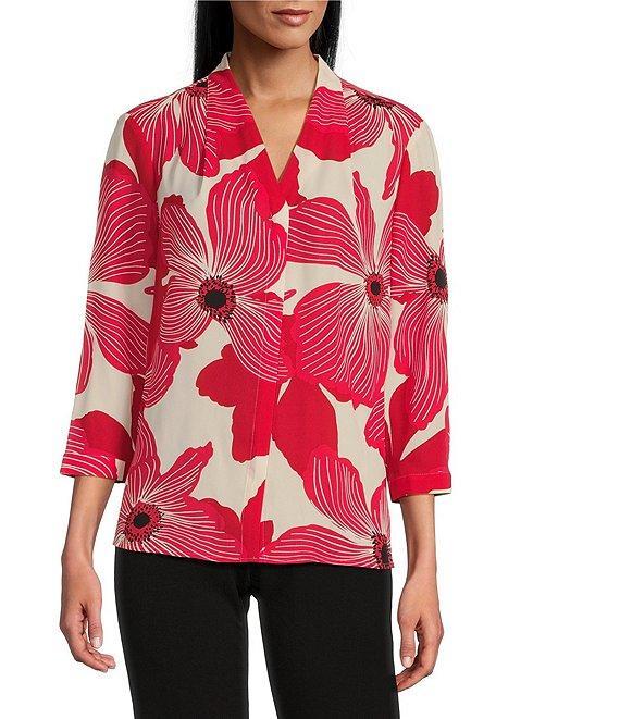 Investments Caroline Signature Upbeat Poppy V-Neck 3/4 Sleeve Button Front Top Product Image