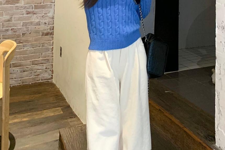 V-Neck Plain Cable Knit Sweater / High Waist Wide Leg Pants Product Image