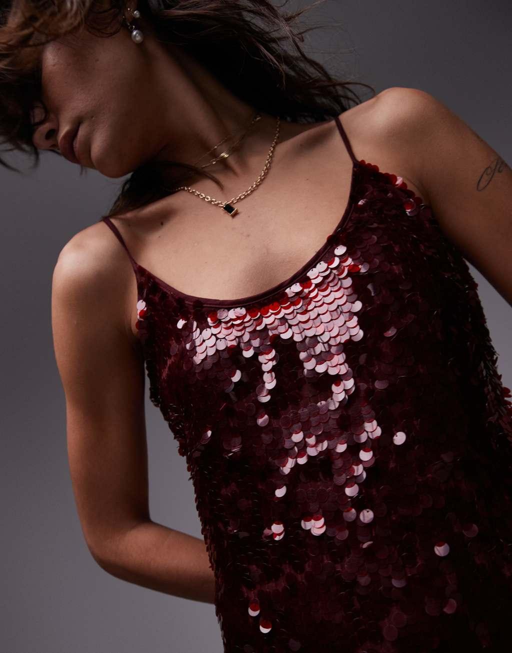 Topshop premium sequin slip maxi dress in oxblood Product Image
