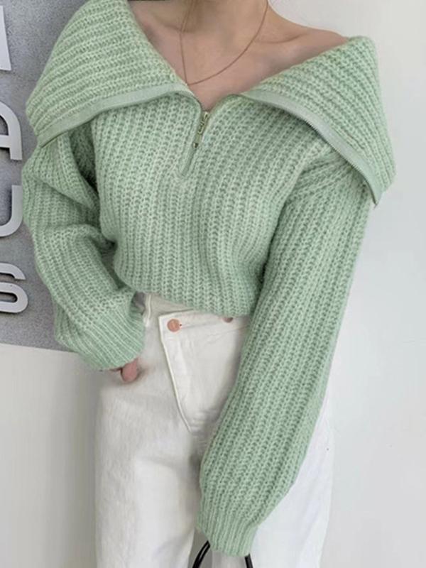Solid Big Lapel Neck Half Zip Sweater Product Image