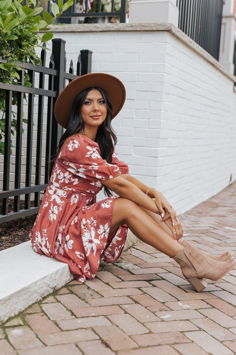Terracotta Floral Print Pleated Mini Dress - FINAL SALE Product Image