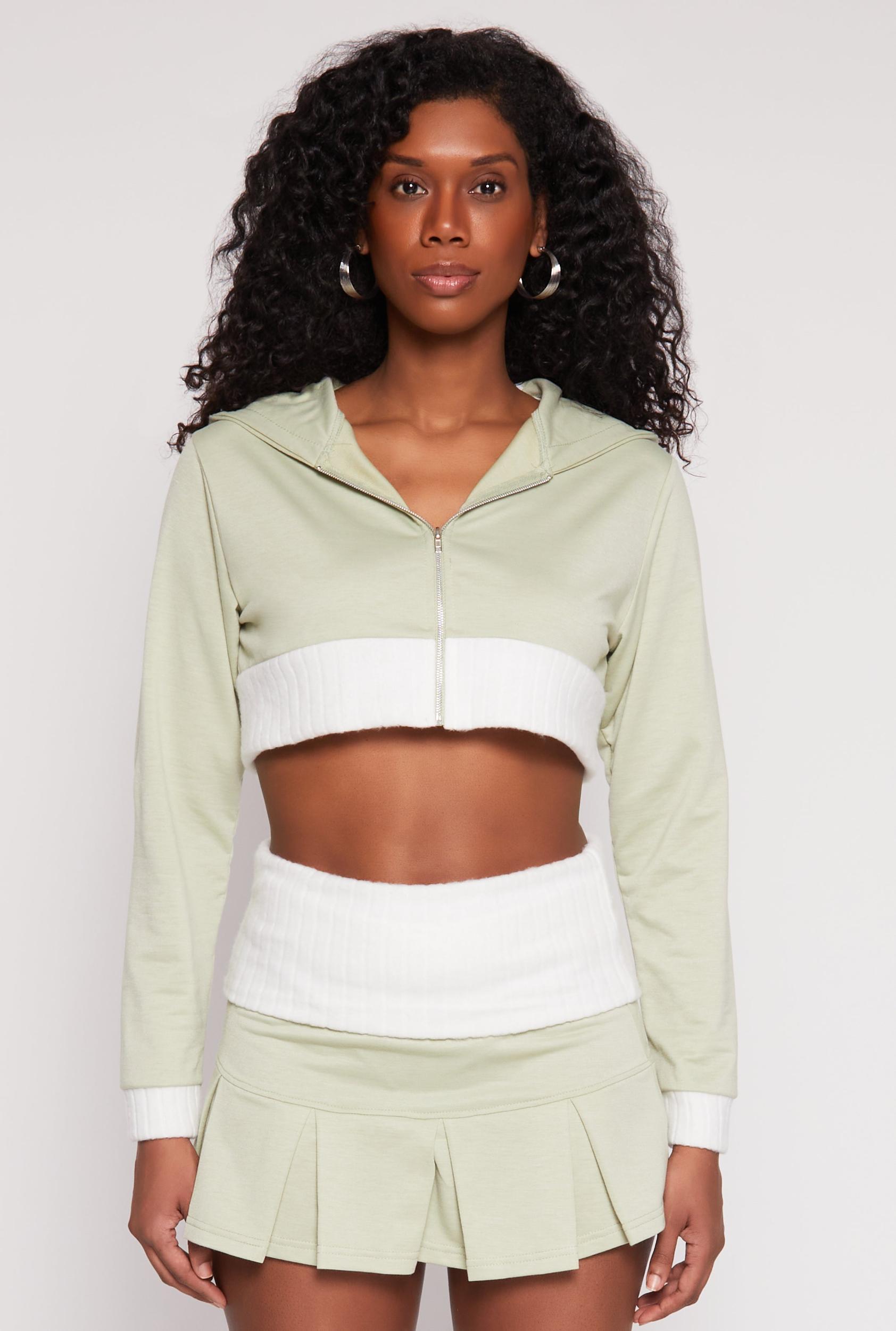 Womens Two Toned Trim Cropped Hooded Sweatshirt Product Image