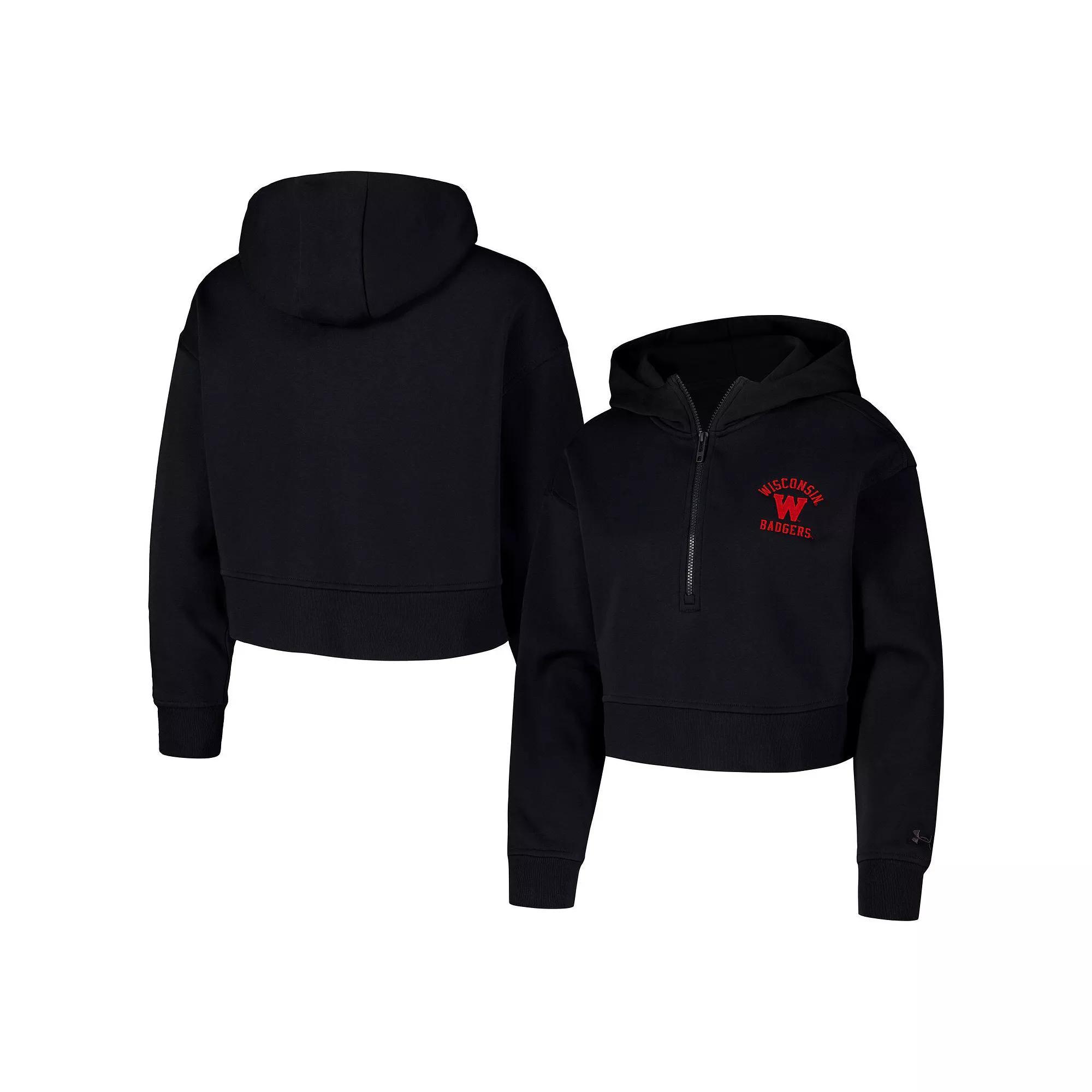 Women's Under Armour Black Wisconsin Badgers Inline Modest Cropped Half-Zip Hoodie, Size: Large Product Image