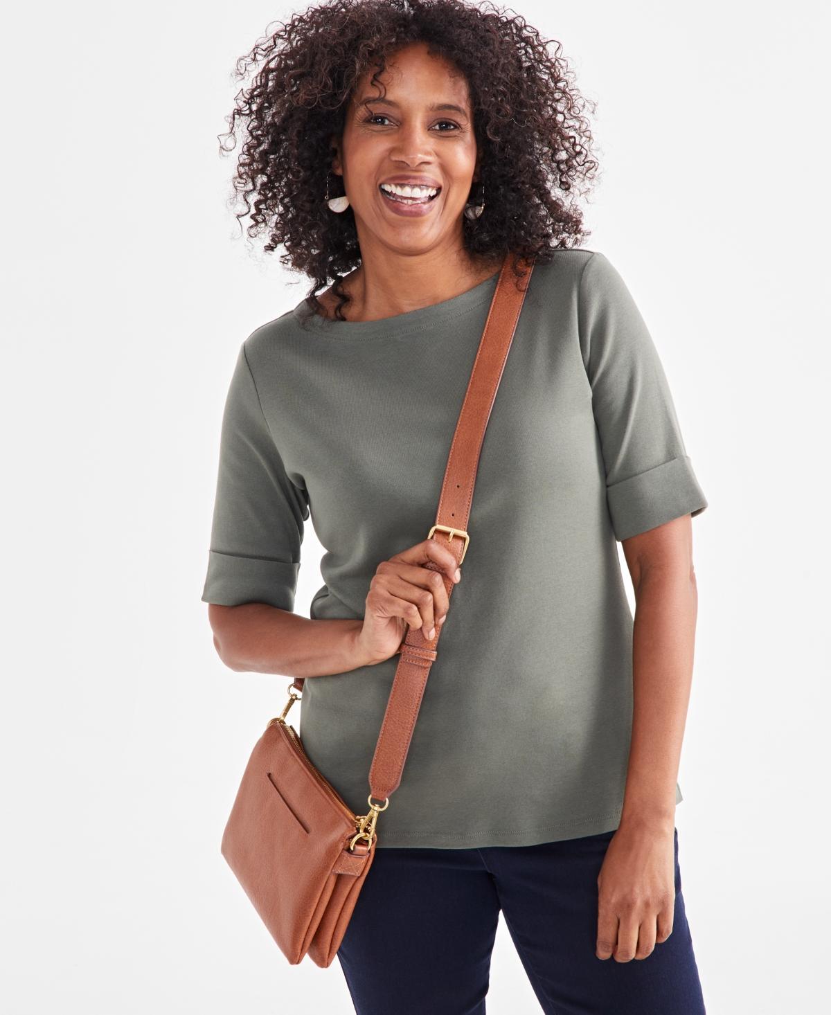 Style & Co Womens Boat-Neck Elbow Sleeve Cotton Top, Xs-4X, Created for Macys Product Image