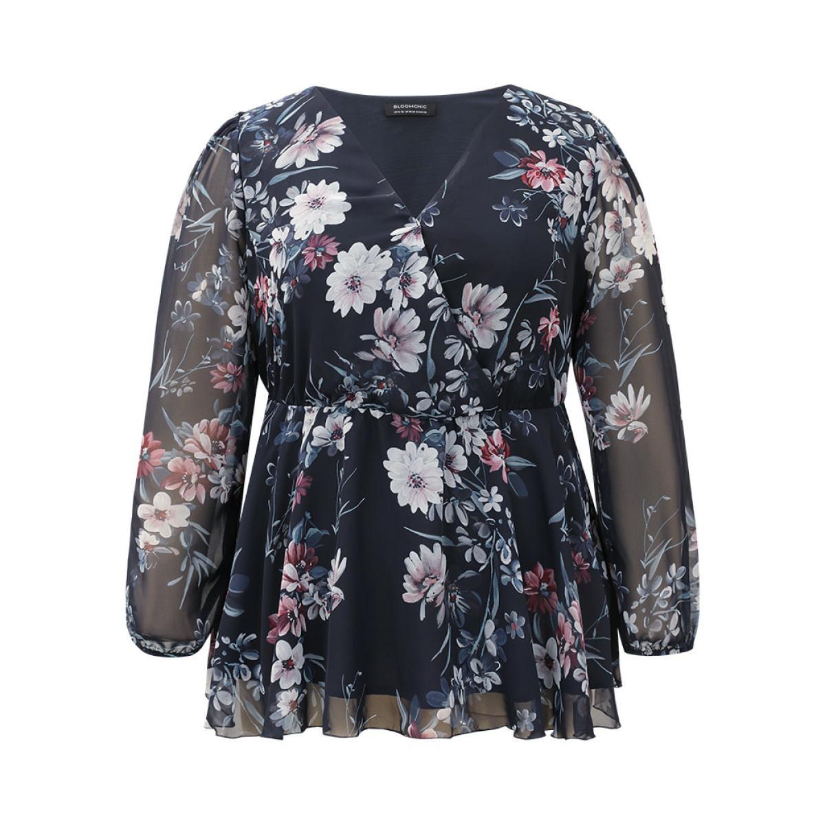 Plus Size Indigo Floral Print Elastic Waist Mesh Wrap Gathered Blouse Women Elegant Long Sleeve V-neck Dailywear Blouses BloomChic 26/4X Product Image