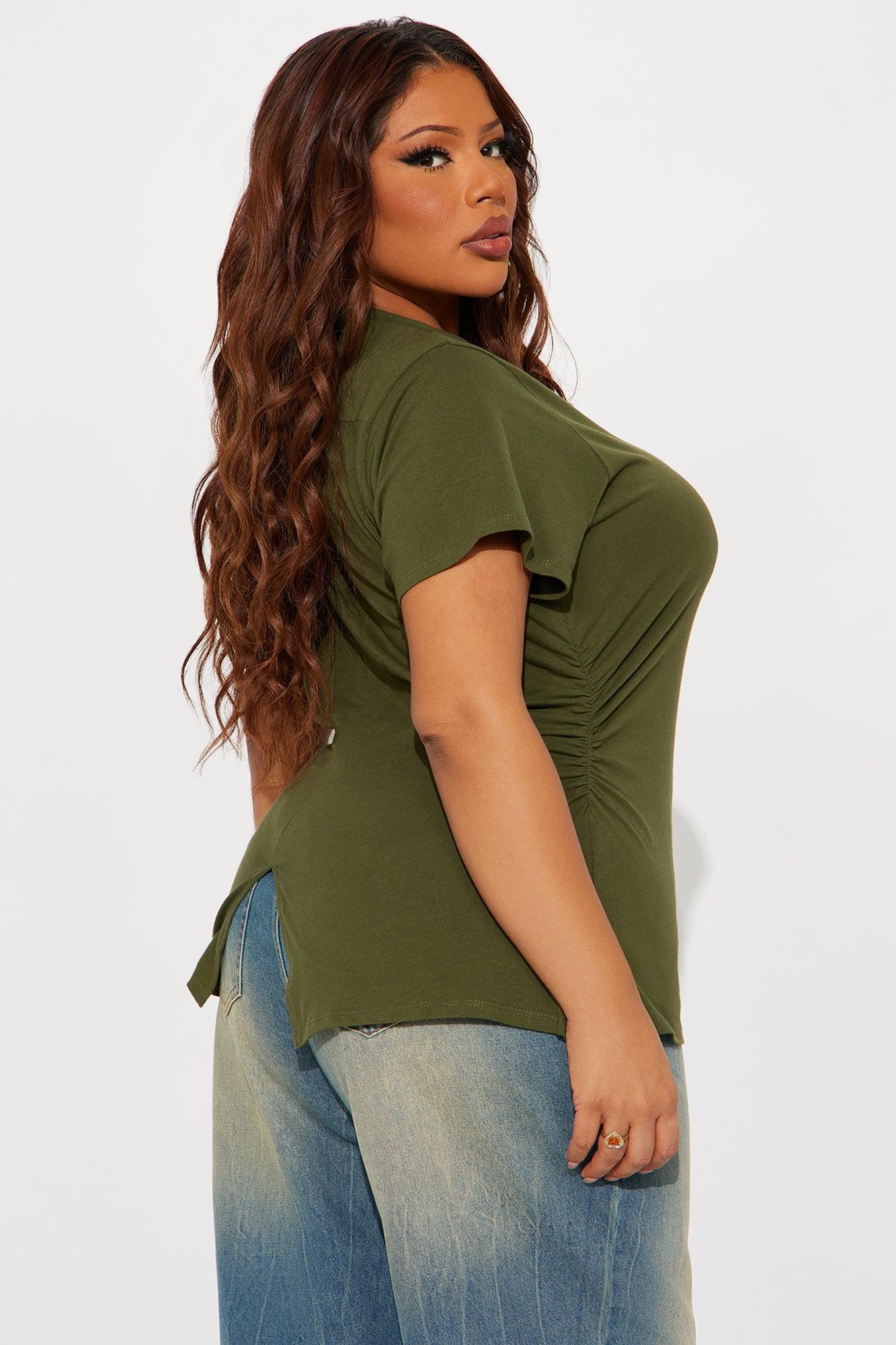 Simply Me Ruched Short Sleeve T-Shirt - Olive Product Image