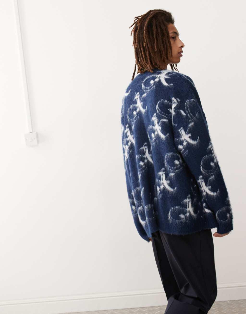 COLLUSION oversized fluffy logo knitted cardigan in blue Product Image