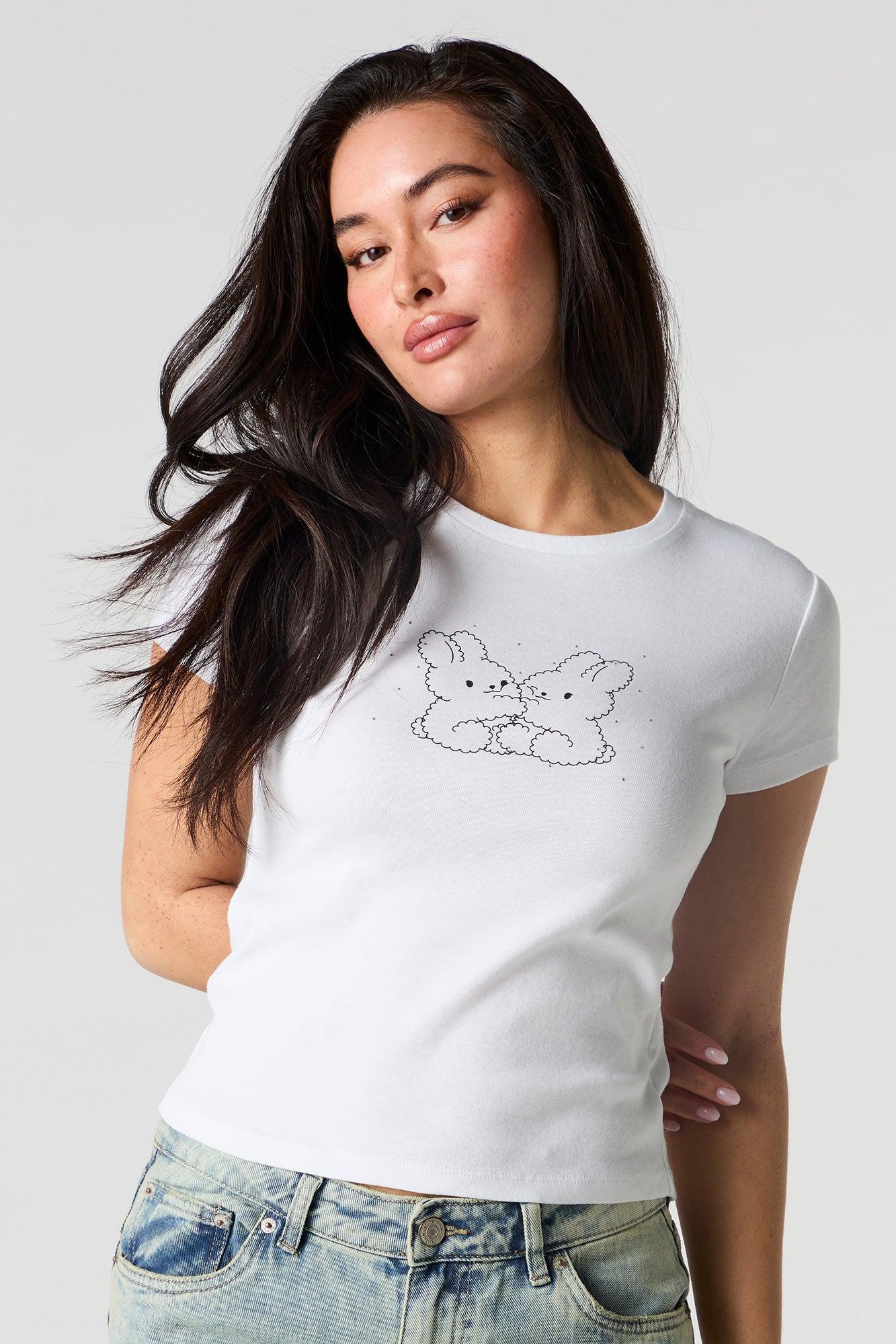 Rhinestone Bunnies Graphic Ribbed T-Shirt Female Product Image