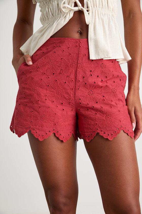 Tenille Rust Red Eyelet Embroidered Scalloped High-Rise Shorts Product Image