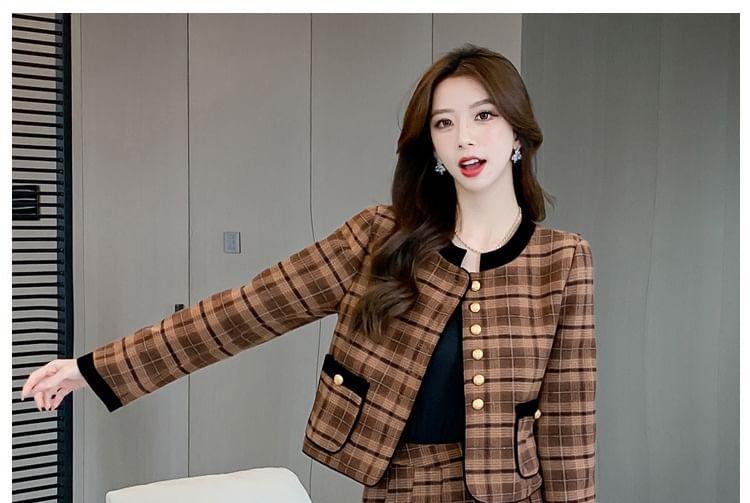 Set: Stand Collar Plaid Contrast Trim Button-Up Crop Jacket + High Waist Pleated Mini A-Line Skirt Product Image