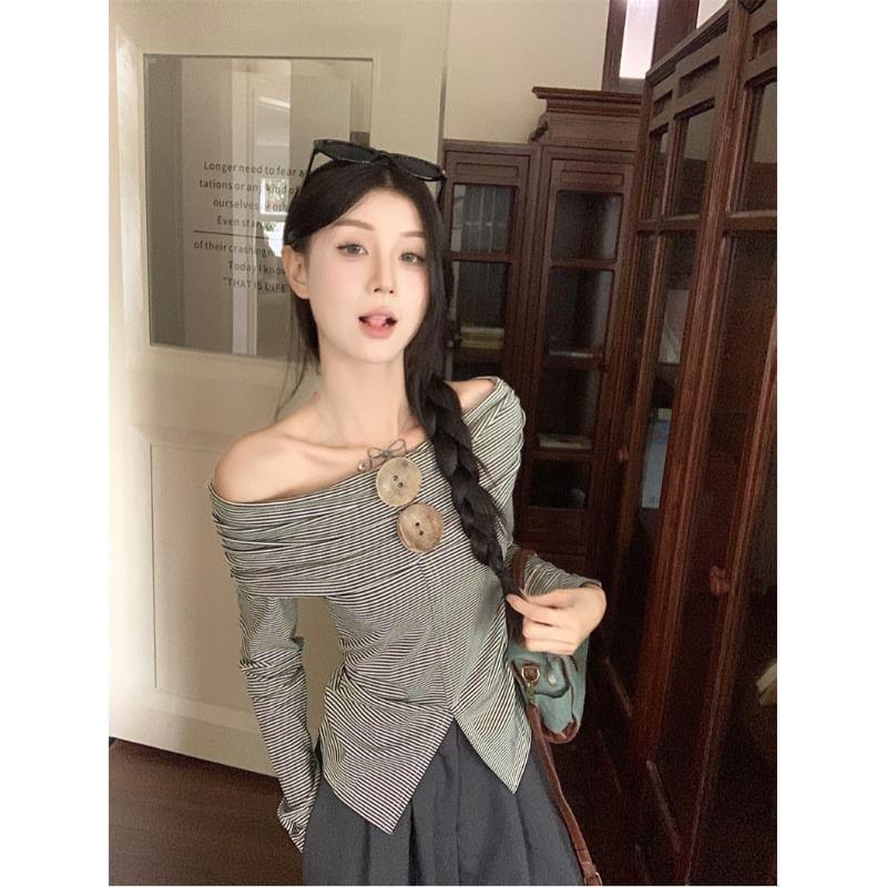 Long Sleeve Off Shoulder Striped Button Slit Top Product Image