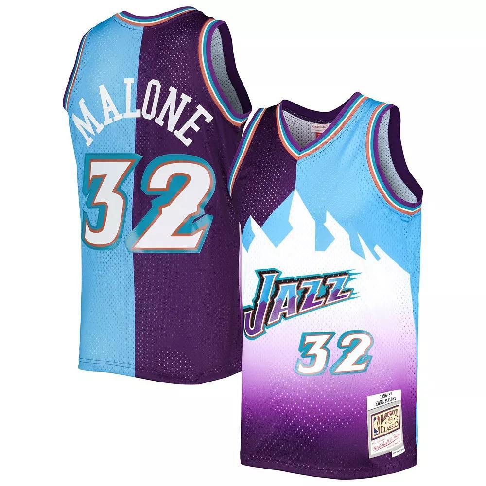 Men's Mitchell & Ness Karl Malone Purple/Turquoise Utah Jazz Hardwood Classics 1996-97 Split Swingman Jersey, Size: Large, Jaz Purple Product Image