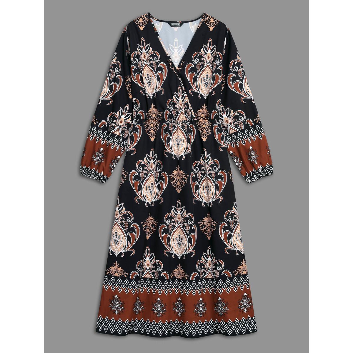 Plus Size Bandana Overlap Collar Elastic Waist Dress Black Women Resort Non Overlap Collar Long Sleeve Curvy BloomChic 12/L Product Image