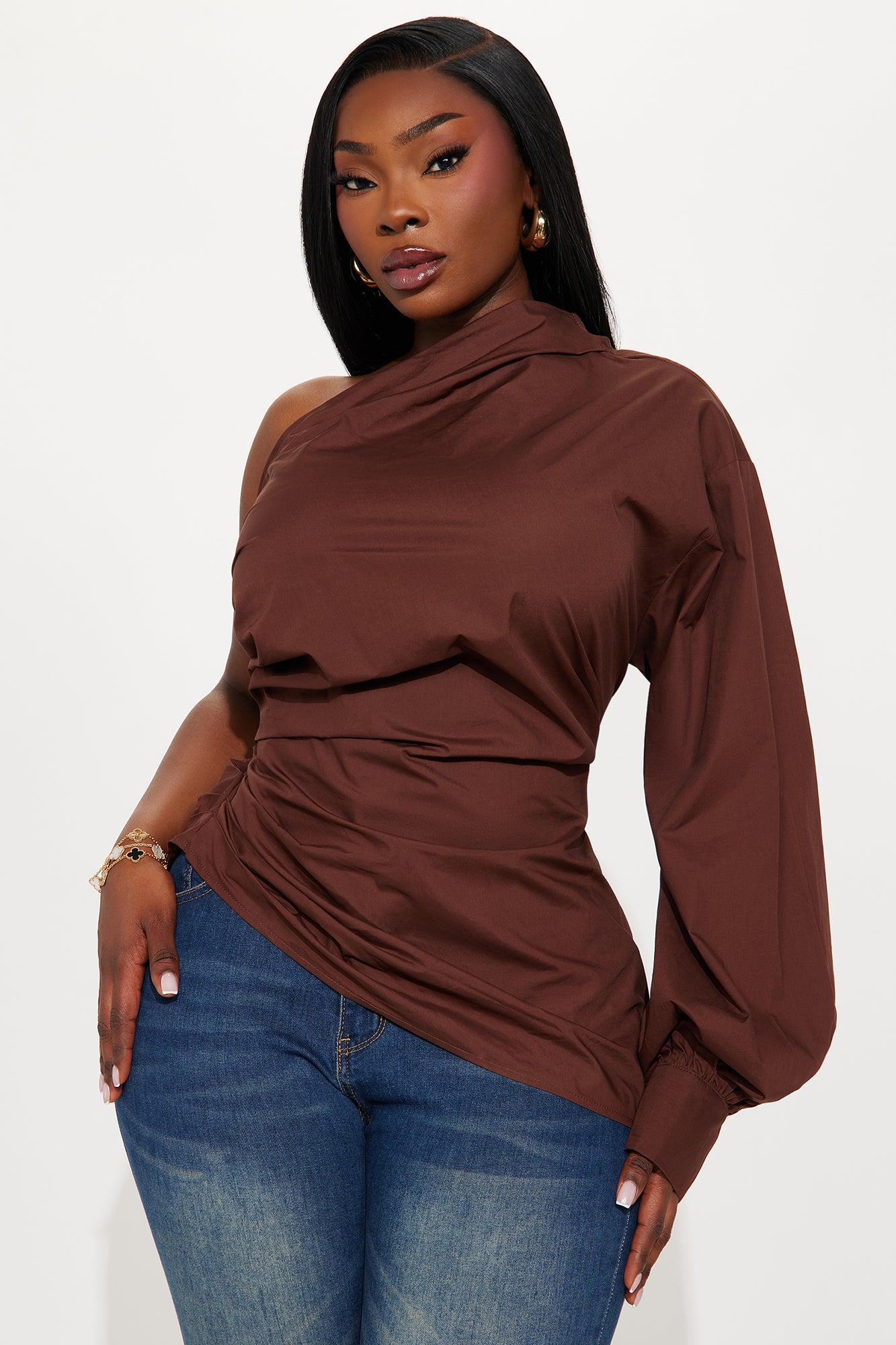 Dahlia One Shoulder Poplin Top - Chocolate Product Image