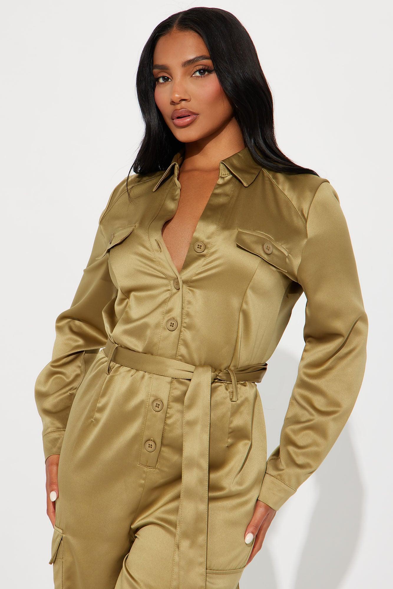 Get With It Satin Jumpsuit - Olive Product Image
