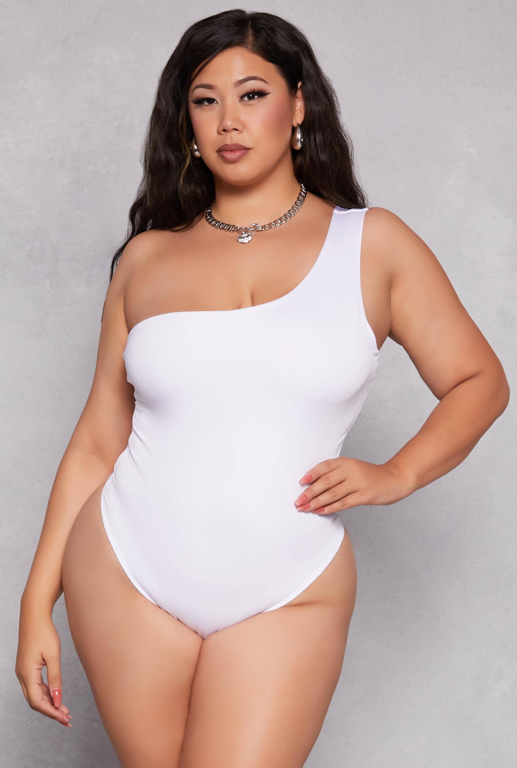 Womens Plus Size Daisy Double Lined One Shoulder Bodysuit Product Image