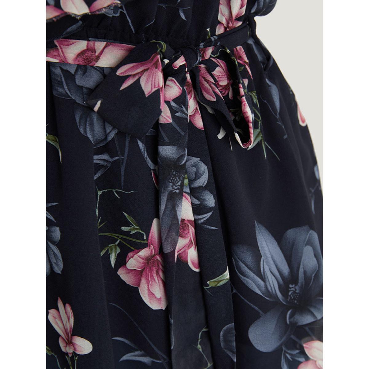 Plus Size Multicolor Floral Split Batwing Sleeve Wrap Mesh Belted Blouse Women Glamour Cap Sleeve Deep V-neck Going out Blouses BloomChic 10/M Product Image