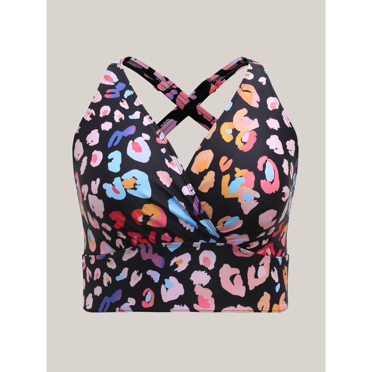 Plus Size Pattern Print Cross-Straps Swim Top Women's Swimwear Black Beach High stretch Skinny Overlap Collar Curve Swim Tops BloomChic 18-20/2X Product Image