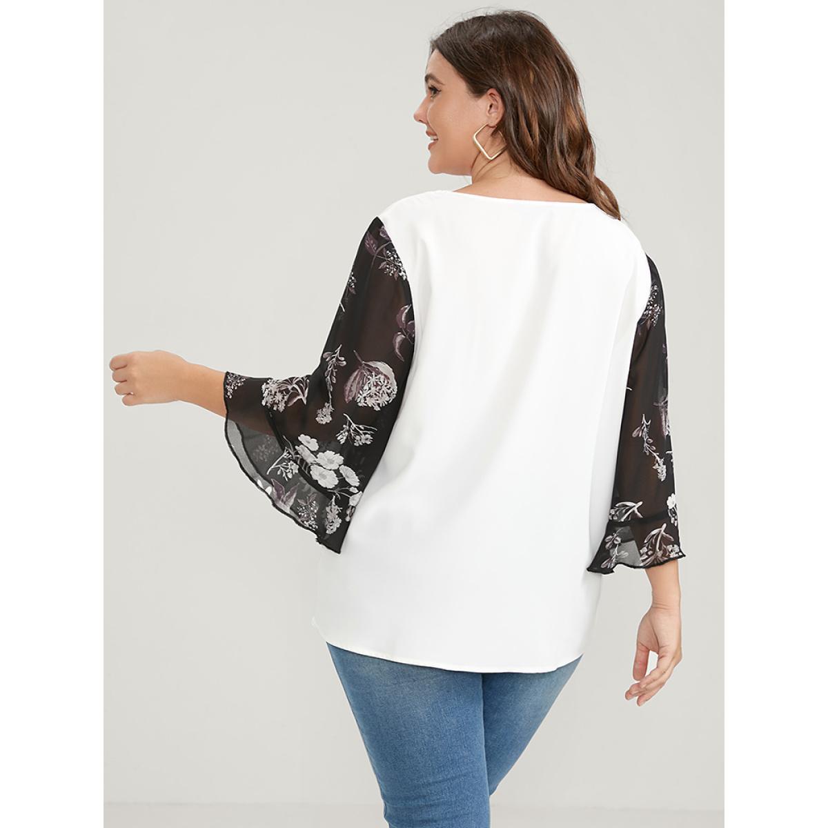 Plus Size White Solid Patchwork Floral Flounce Sleeve V Neck Blouse Women Elegant Elbow-length sleeve V-neck Dailywear Blouses BloomChic 26/4X Product Image