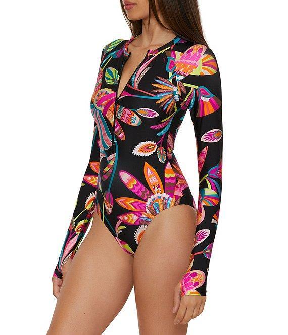 Trina Turk Luminary Printed High Neck Long Sleeve Front Zip Paddle One Piece Swimsuit Product Image