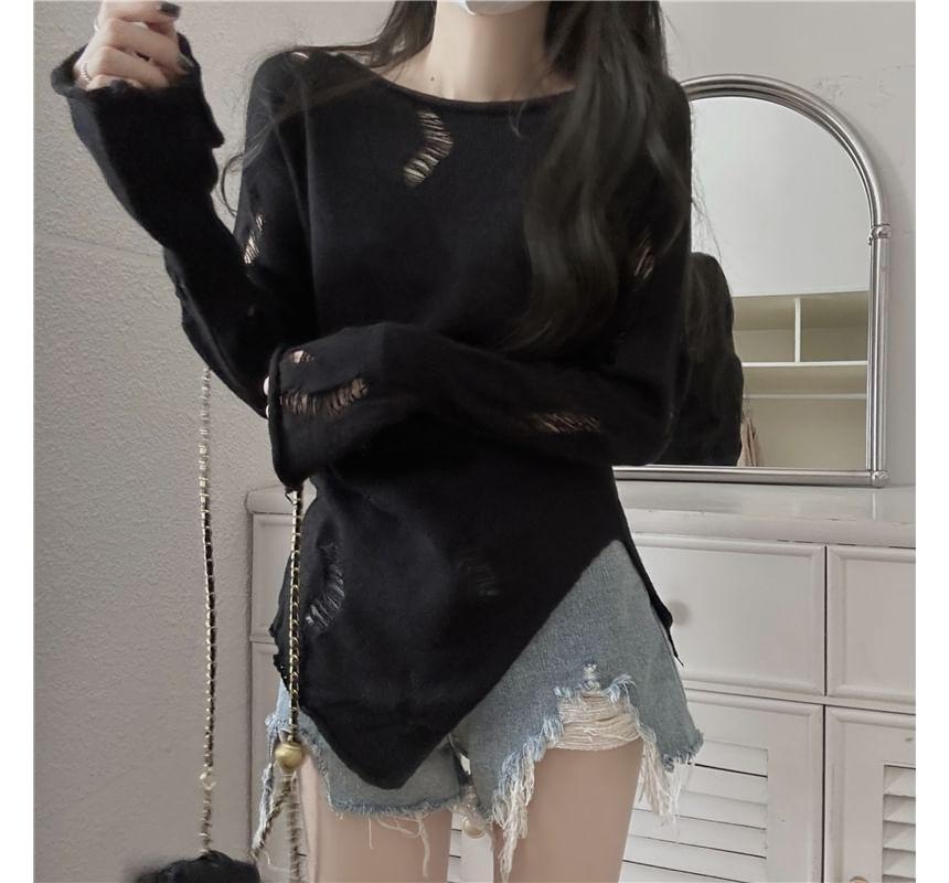 Long-Sleeve Boat Neck Plain Asymmetrical Distressed Sheer Slim Fit Knit Top Product Image