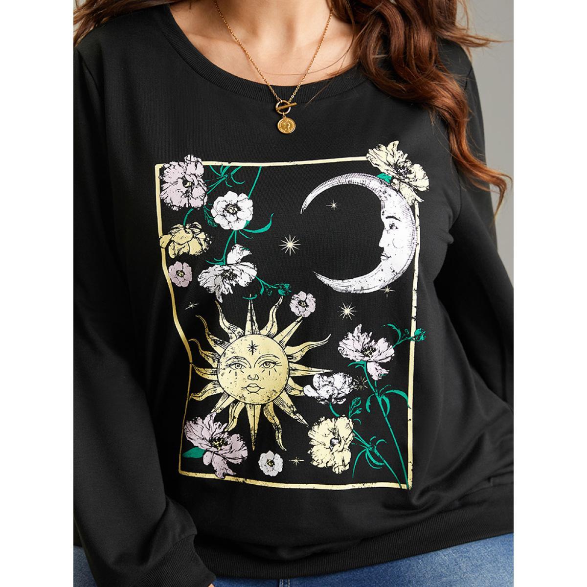 Plus Size Horoscope Print Rib Knit Round Neck Sweatshirt Women Black Casual Rib Knit Dailywear Sweatshirts BloomChic 14-16/1X Product Image