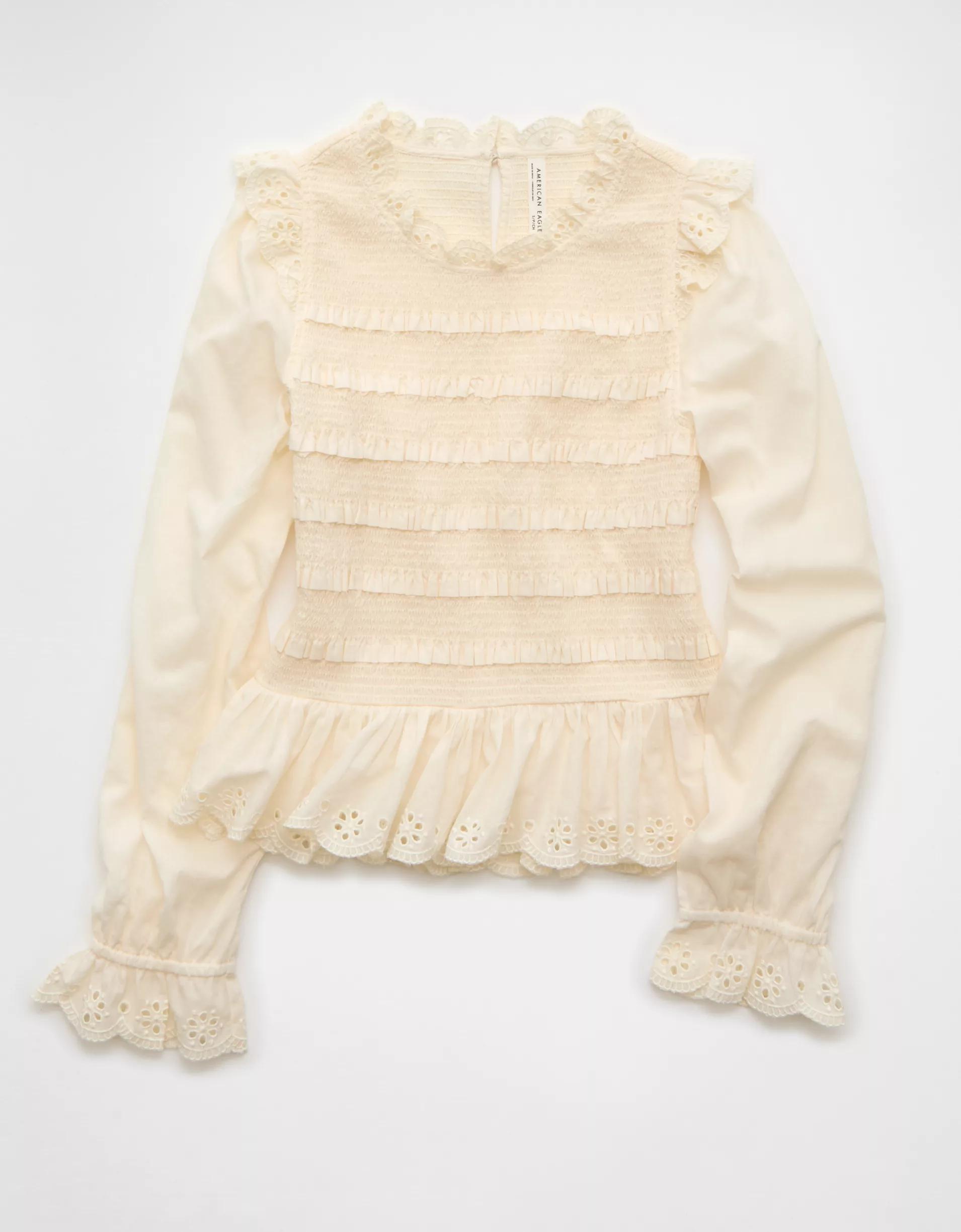 AE Long Sleeve Smocked Babydoll Blouse Product Image