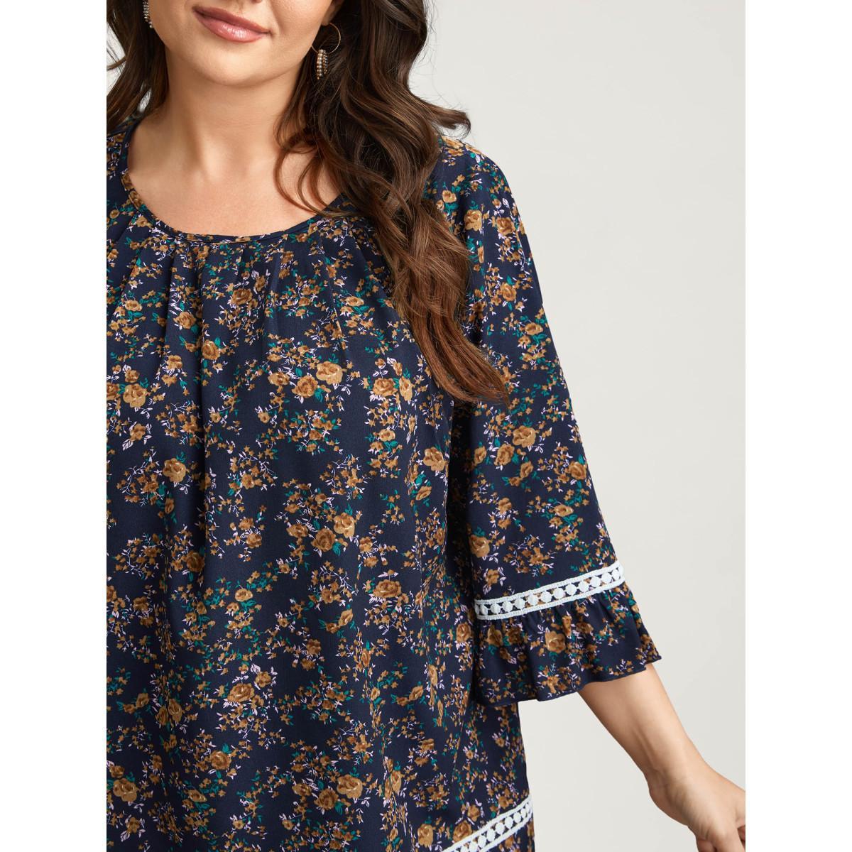 Plus Size Indigo Floral Print Lace Paneled Gathered Shirt Women Elegant Elbow-length sleeve Round Neck Everyday Blouses BloomChic 26/4X Product Image