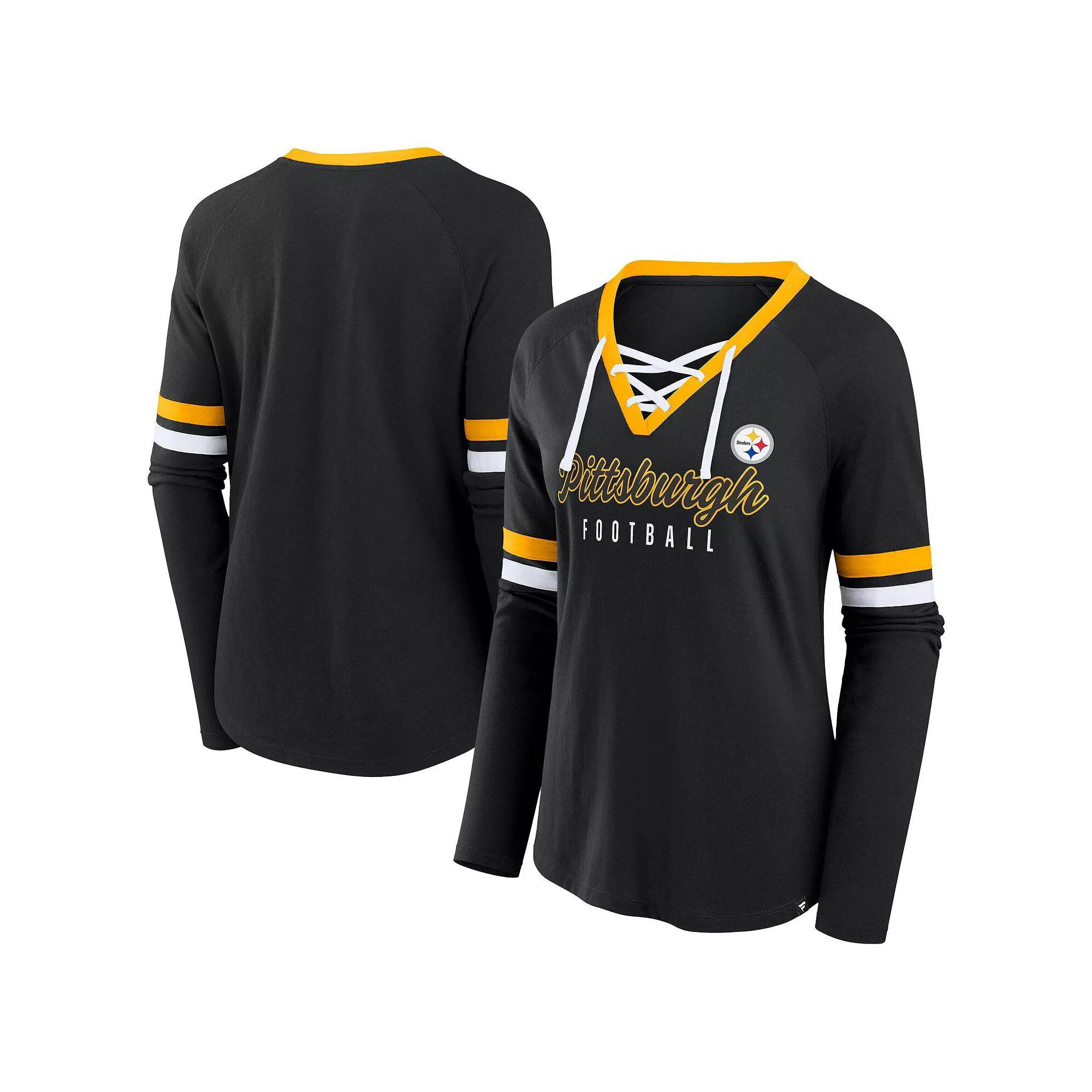 Women's Fanatics Black Pittsburgh Steelers Plus Size Lace-Up V-Neck Long Sleeve T-Shirt, Size: 1XL Product Image