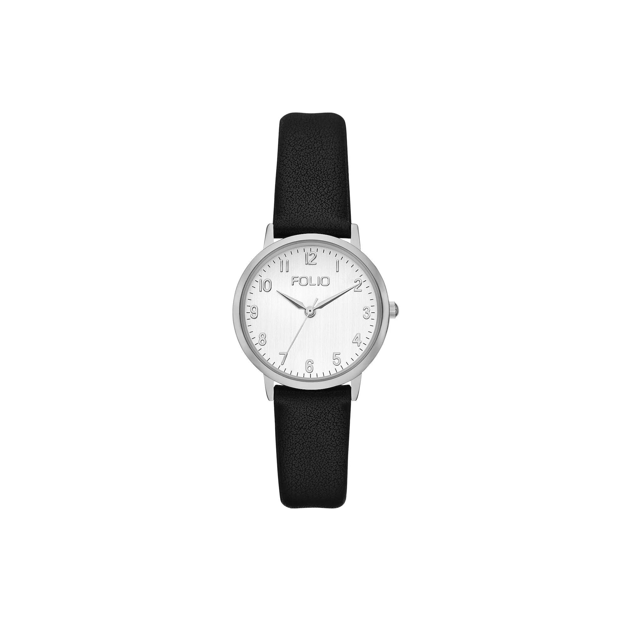 Folio Women's Easy to Read Faux Leather Strap Watch, Black Product Image