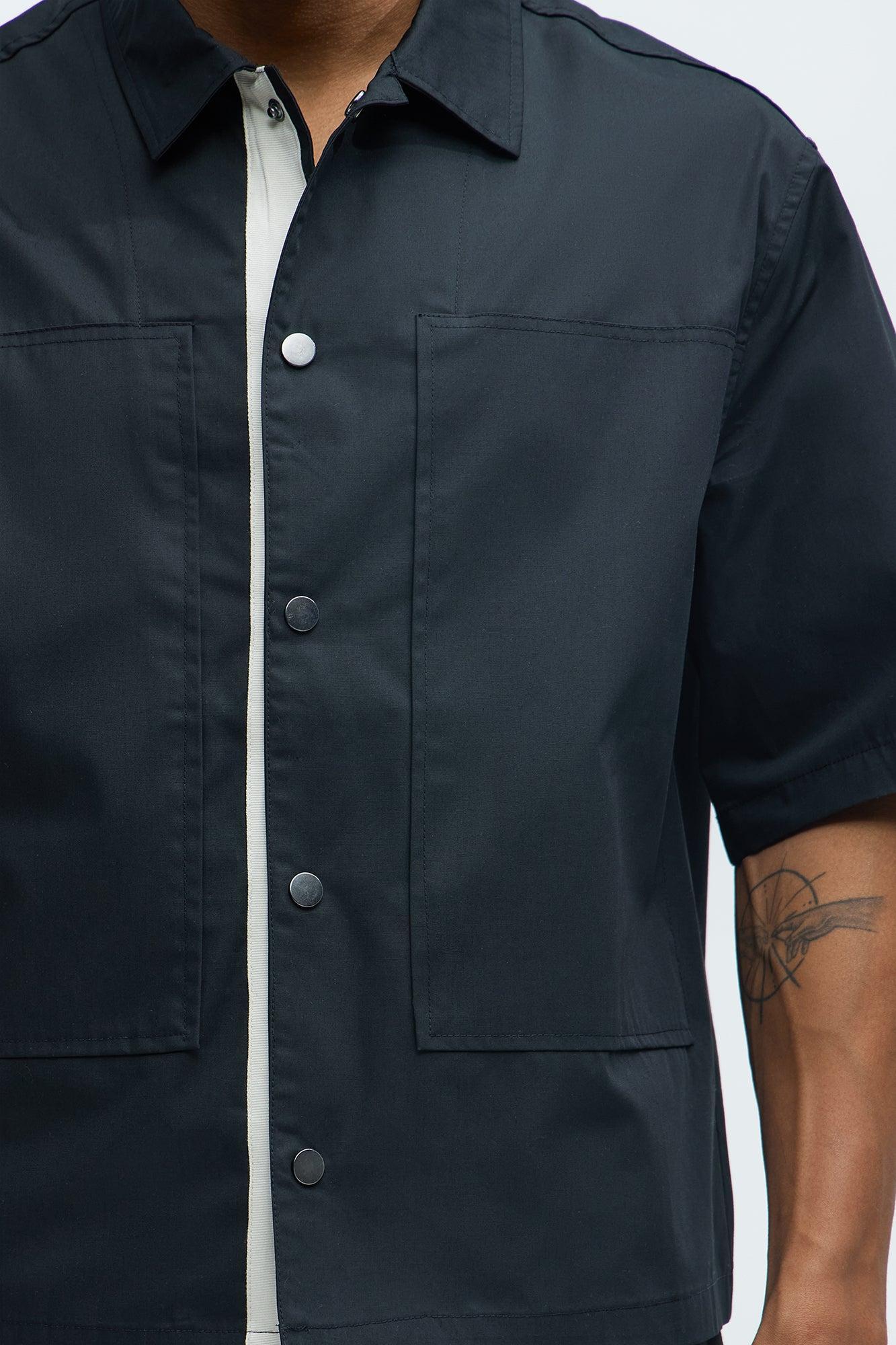 Contrast Panel Cropped Button Up Shirt - Black Product Image