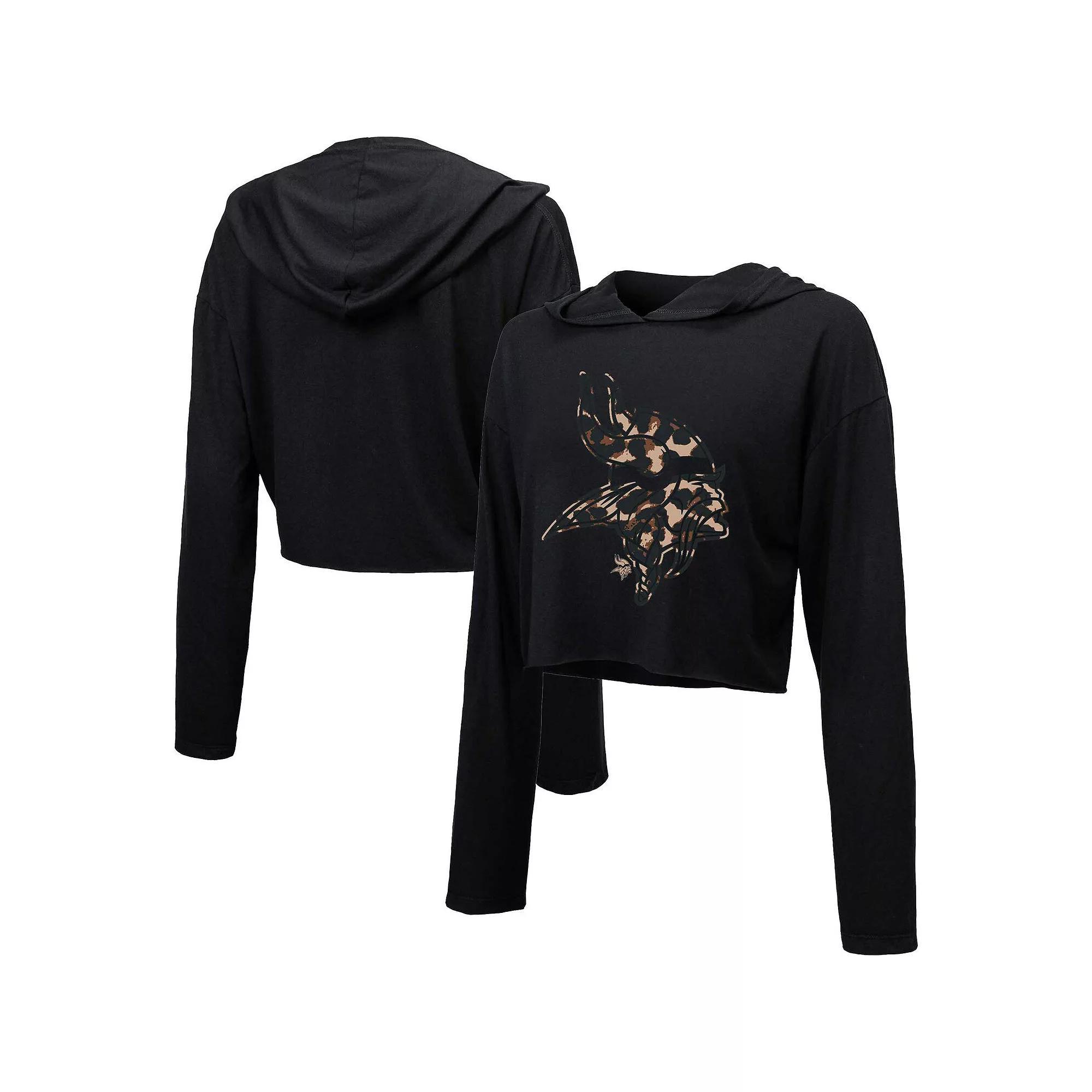 Women's Majestic Threads Black Miami Dolphins Leopard Cropped Pullover Hoodie, Size: Large Product Image