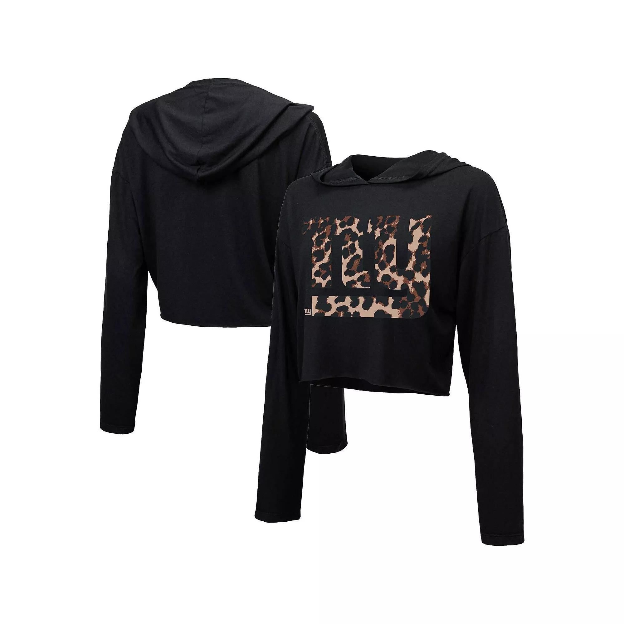 Women's Majestic Threads Black Miami Dolphins Leopard Cropped Pullover Hoodie, Size: Large Product Image