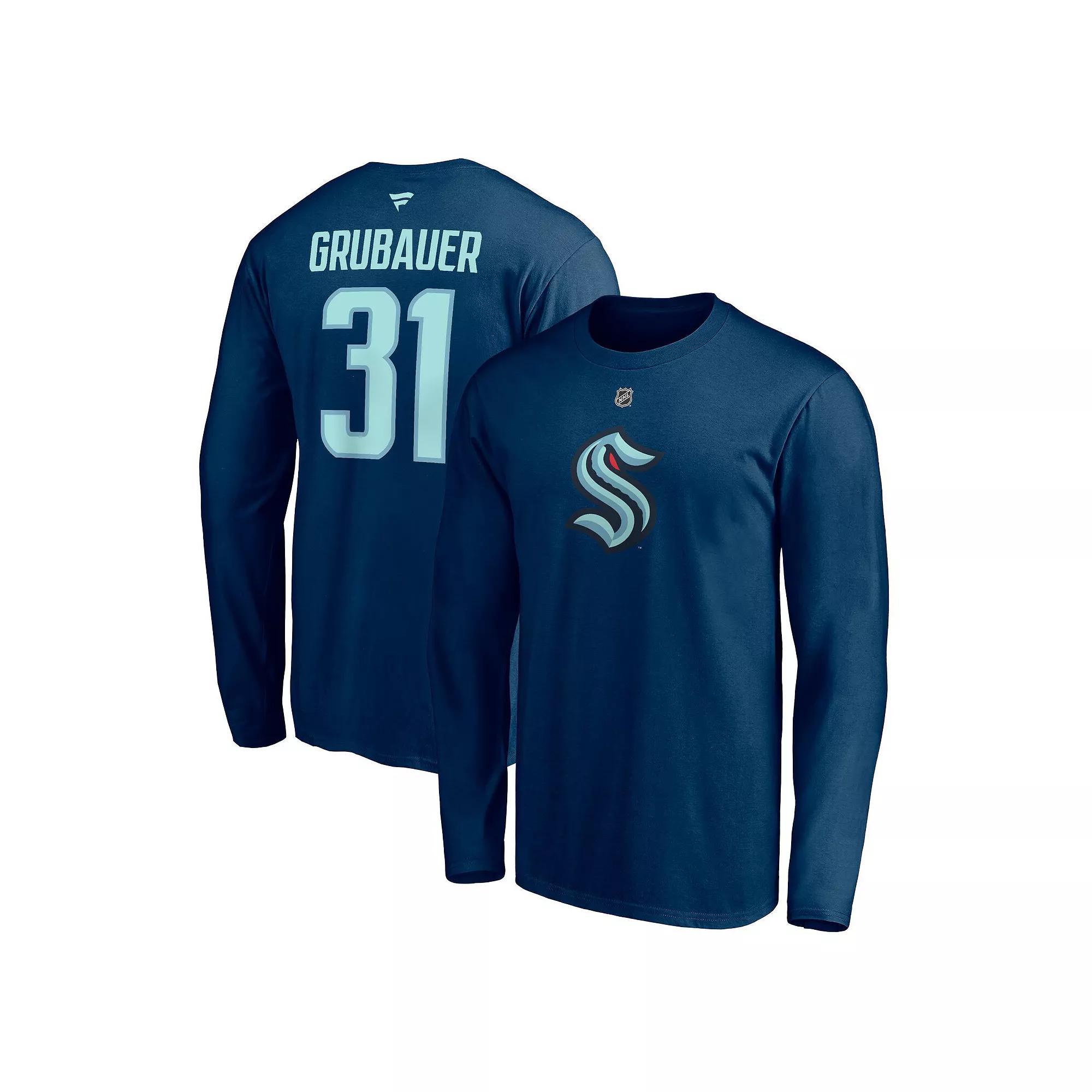 Men's Fanatics Branded Philipp Grubauer Deep Sea Blue Seattle Kraken Authentic Stack Name & Number Long Sleeve T-Shirt, Size: 2XL, Krk Blue Product Image