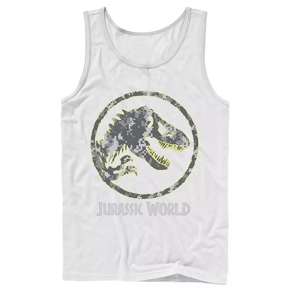 Men's Jurassic World Camouflage Yellow Outline Fossil Coin Logo Tank Top, Size: Large, White Product Image