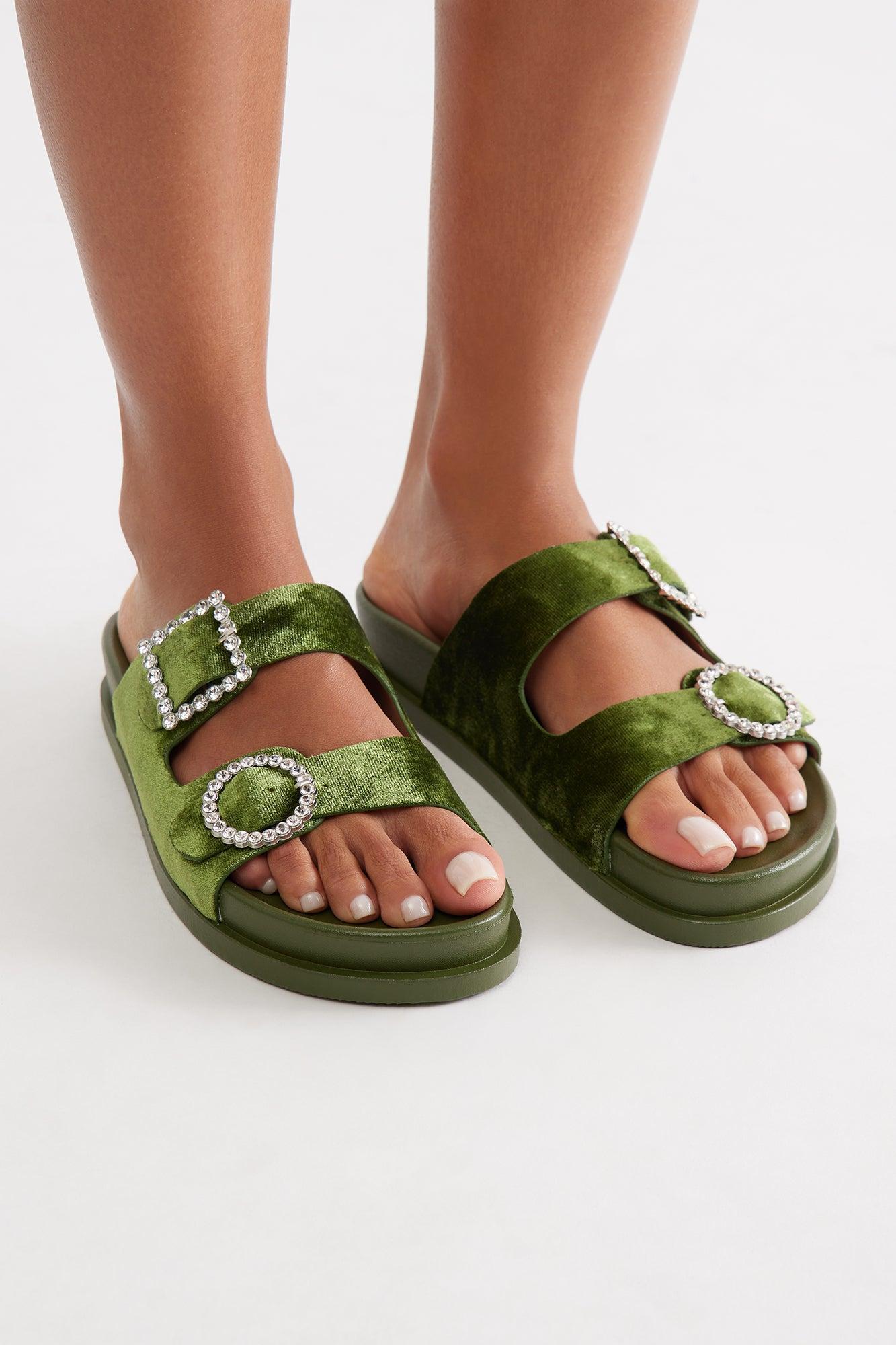 Ivona Rhinestone Buckle Velvet Sandals - Olive Product Image