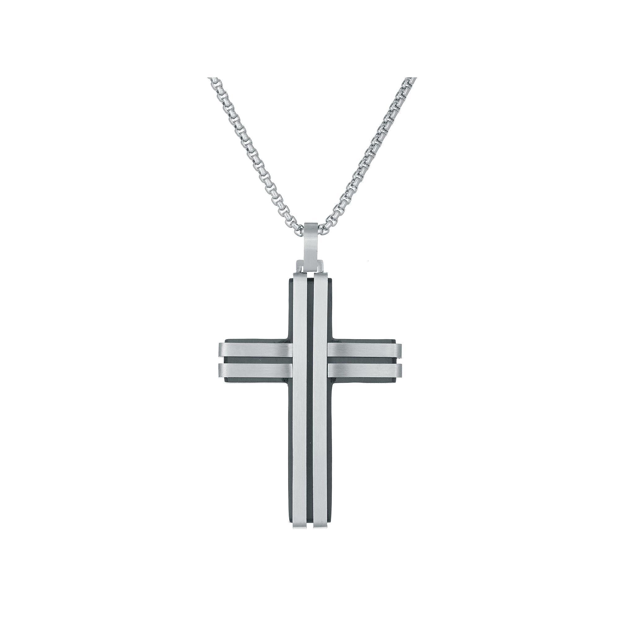 Men's LYNX Stainless Steel Black Ion Layered Cross Pendant, Size: 24", Two Tone Product Image
