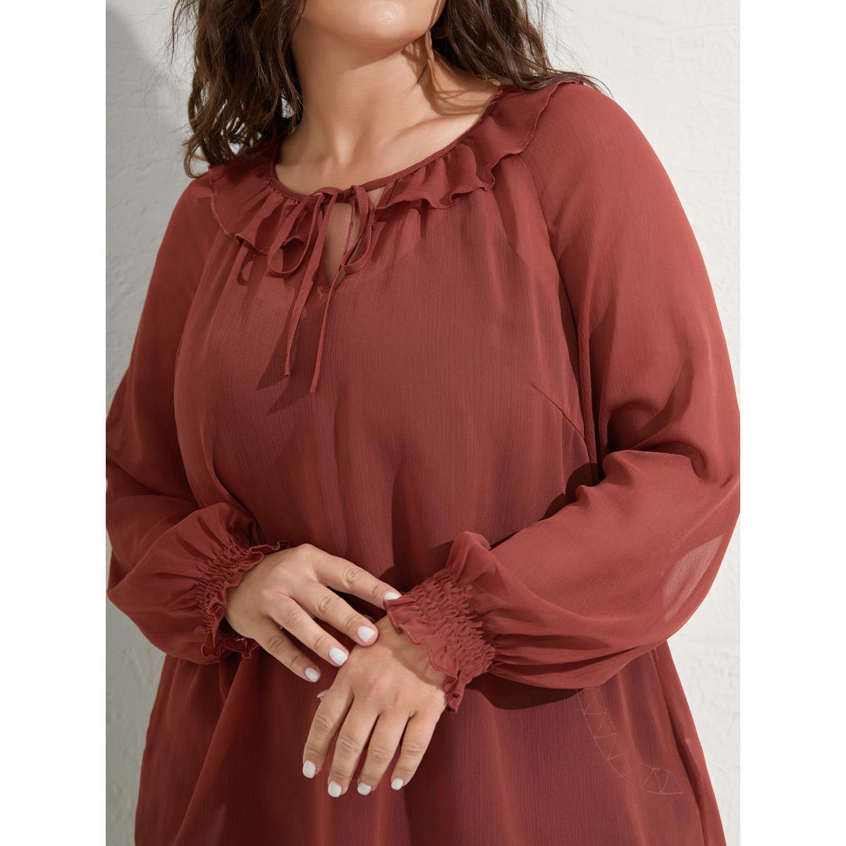 Plus Size Rust Sheer Ruffled Neck Flowy Solid Blouse Women Extra Long Sleeve Notched collar Vacation Blouses BloomChic 14-16/1X Product Image