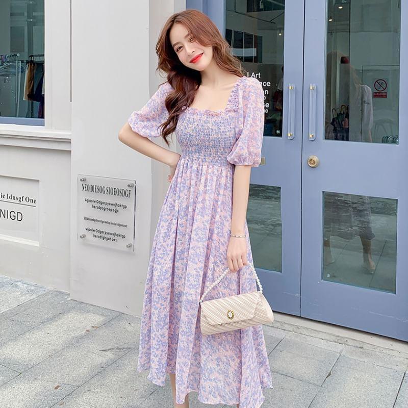 Puff-Sleeve Square Neck Floral Chiffon Midi Smock Dress Product Image