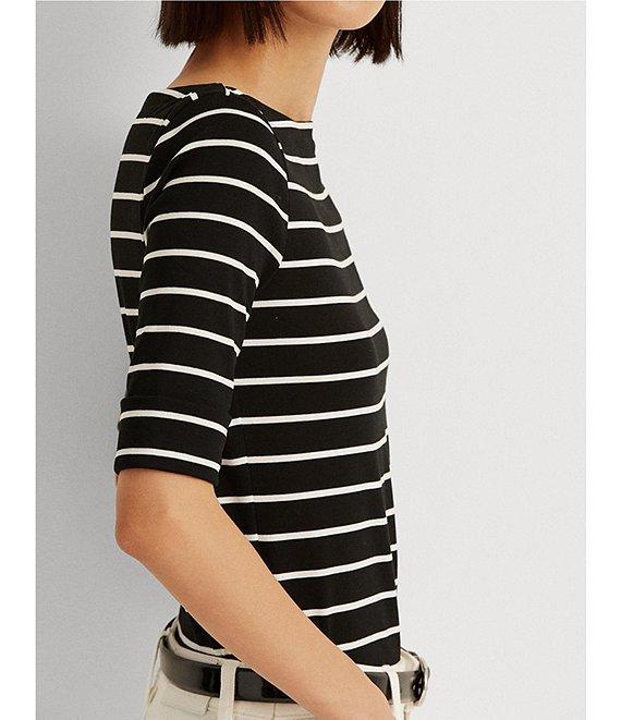 Lauren Ralph Lauren Stripe Stretch Boat Neck Short Sleeve Shirt Product Image