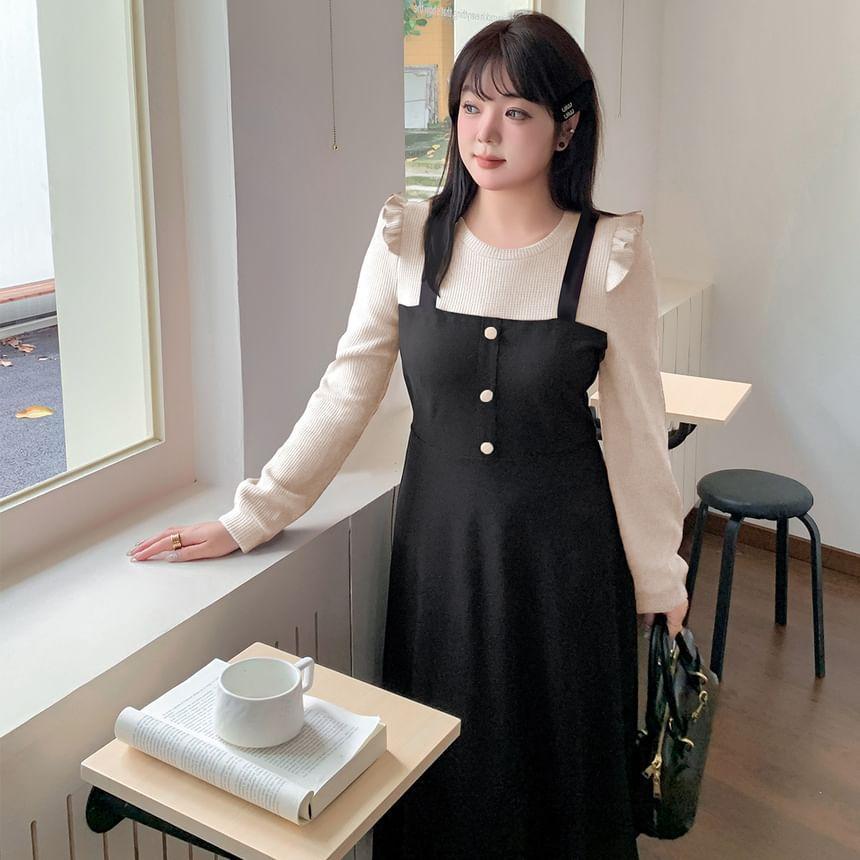 Plus Size Mock Two-Piece Long-Sleeve Round Neck Ruffle Trim Midi A-Line Dress Product Image