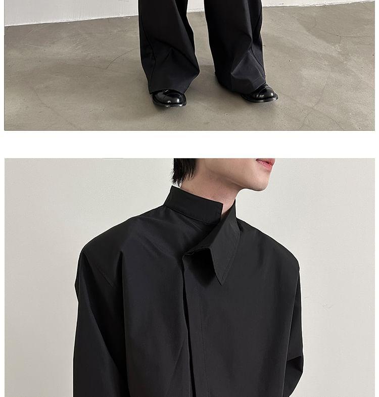 Long Sleeve Asymmetrical Collar Plain Shirt Product Image