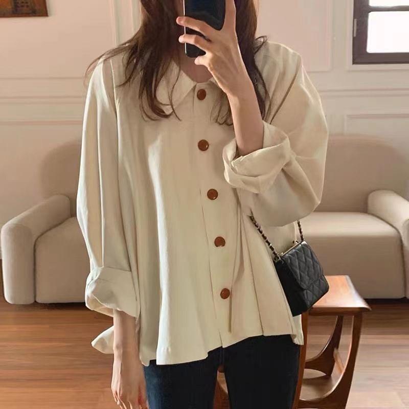 Long Sleeve Lapel Collared Plain Oversized Shirt Product Image