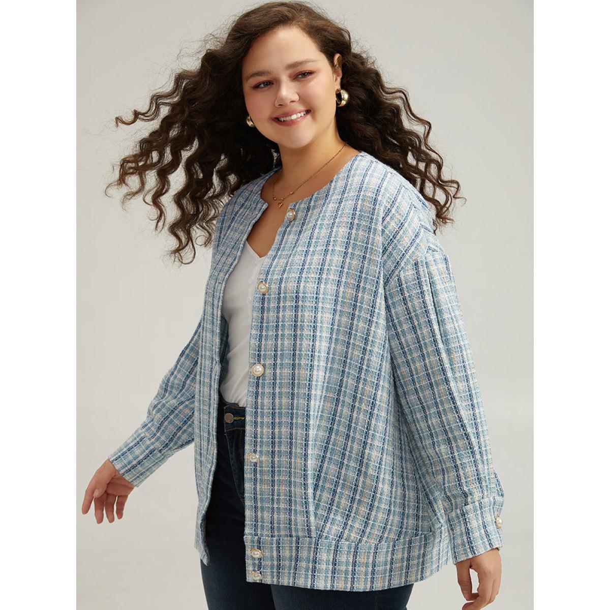 Plus Size Gingham Buckle Detail Button Through Jacket Women LightBlue Button Everyday Jackets BloomChic 26/4X Product Image