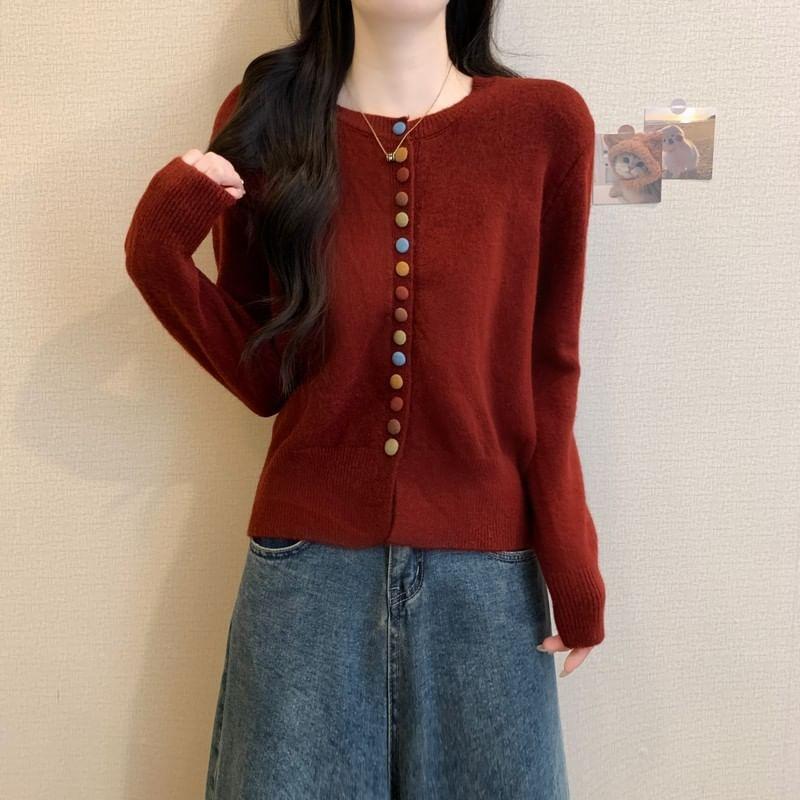 Crew Neck Plain Button-Up Cardigan Product Image