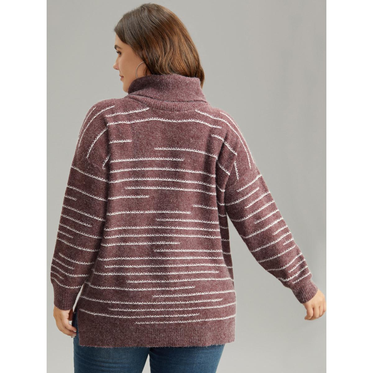 Plus Size Striped Heather Turtleneck Split Hem Pullover Burgundy Women Casual Loose Long Sleeve Turtleneck Everyday Pullovers BloomChic 28/5X Product Image